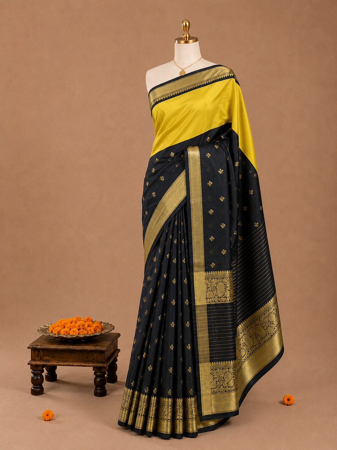 Premium Banarasi Black and Yellow Semi Katan Soft Silk Saree