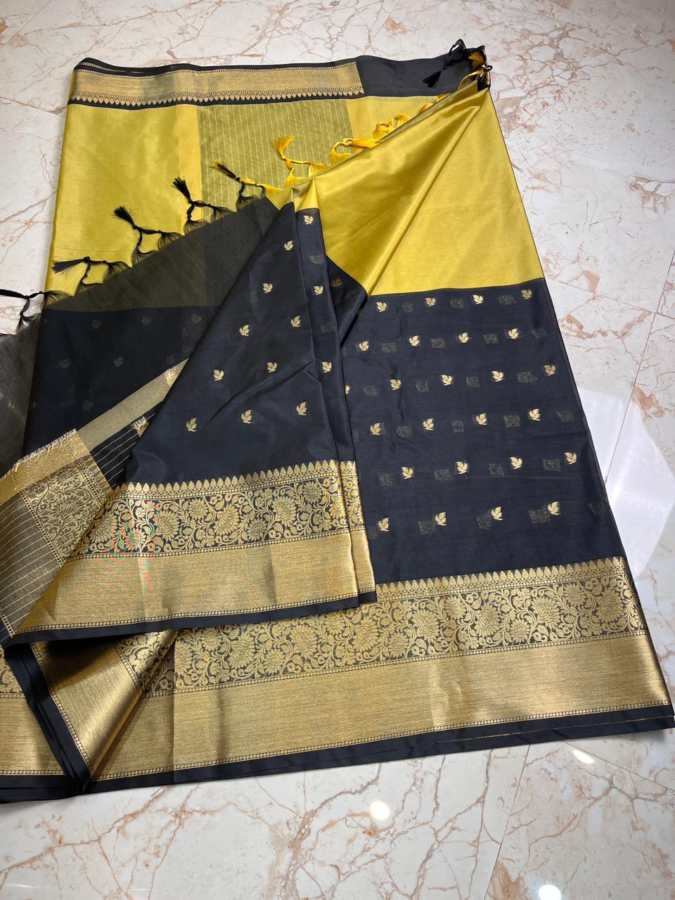 Premium Banarasi Black and Yellow Semi Katan Soft Silk Saree