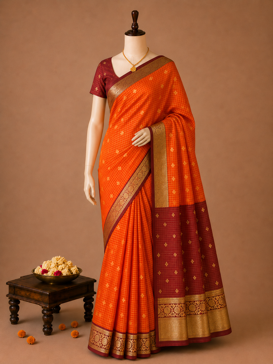 Premium Banarasi Rustic Orange Checked Soft Semi Silk Saree