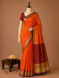 Premium Banarasi Rustic Orange Checked Soft Semi Silk Saree