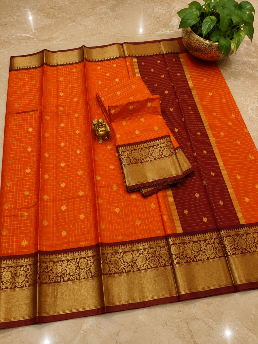 Premium Banarasi Rustic Orange Checked Soft Semi Silk Saree