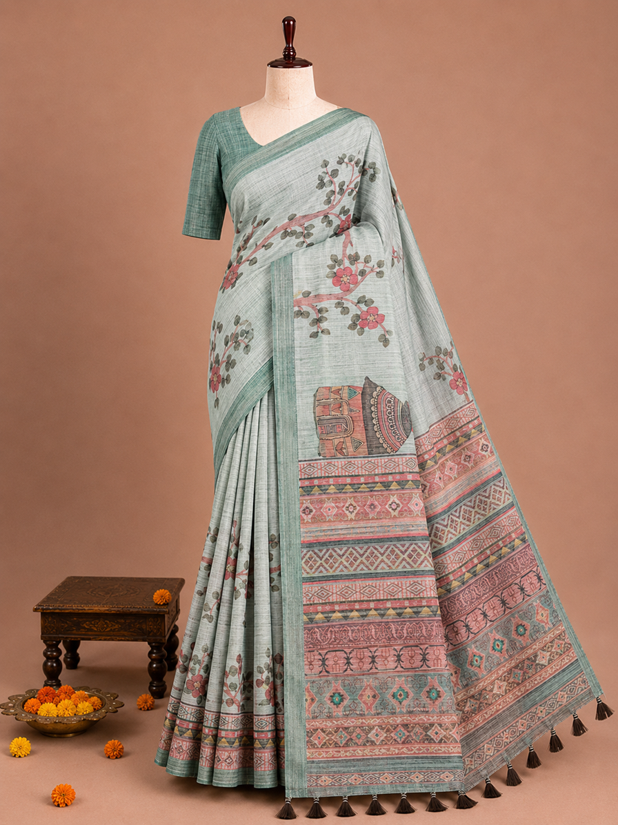 Elegant Sea Green Village Scene Printed Design Jute Cotton Saree