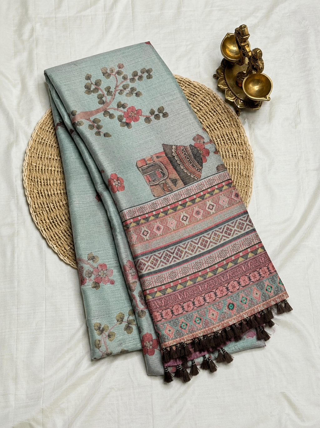 Elegant Sea Green Village Scene Printed Design Jute Cotton Saree