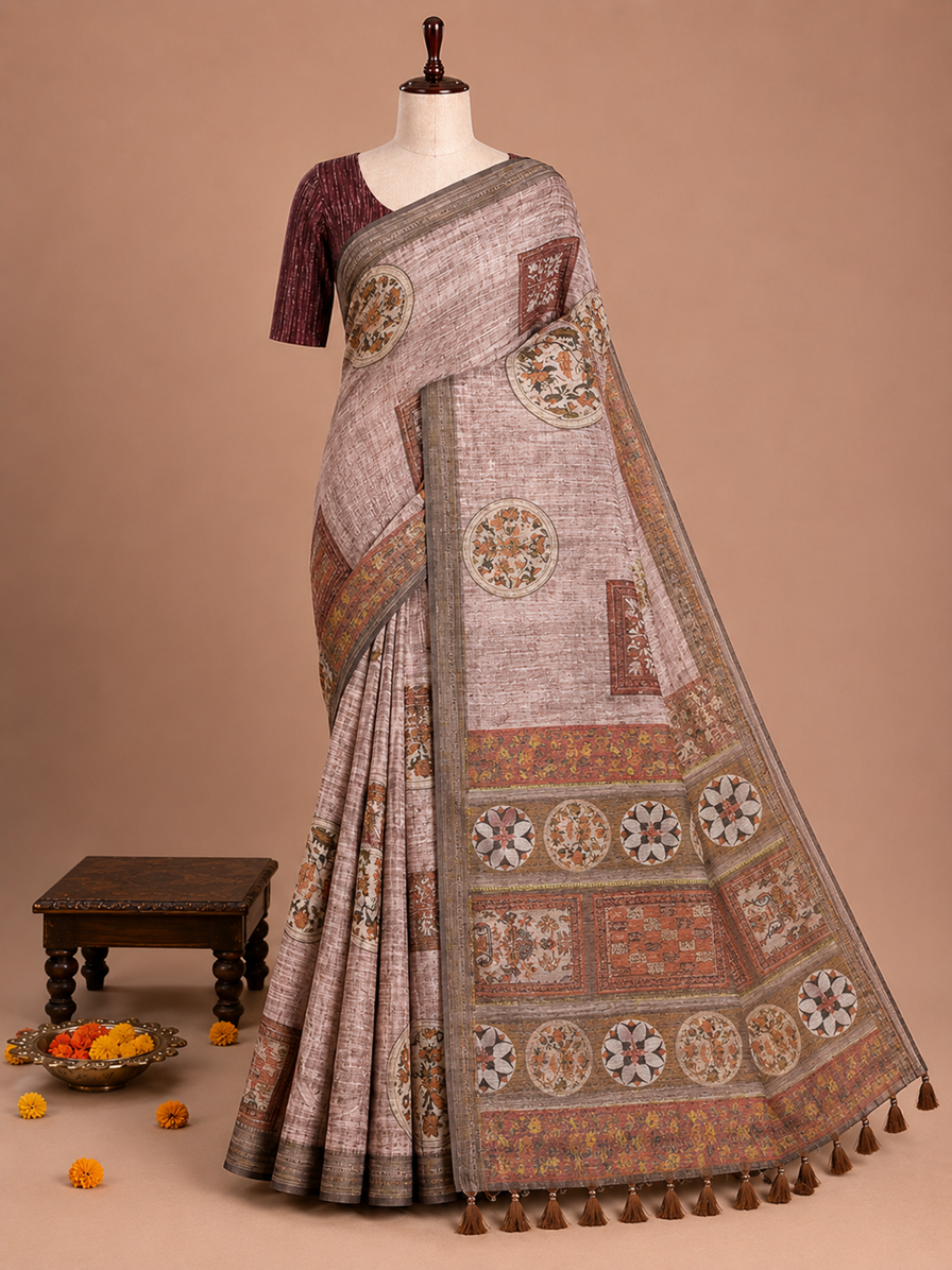 Elegant Brown Mandala Printed Design Jute Cotton Saree