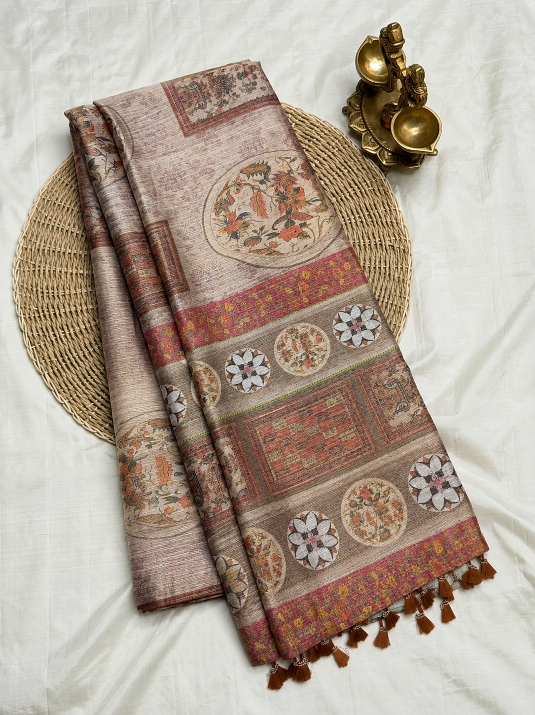Elegant Brown Mandala Printed Design Jute Cotton Saree