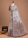 Elegant Silver Gray Bird Printed Design Jute Cotton Saree