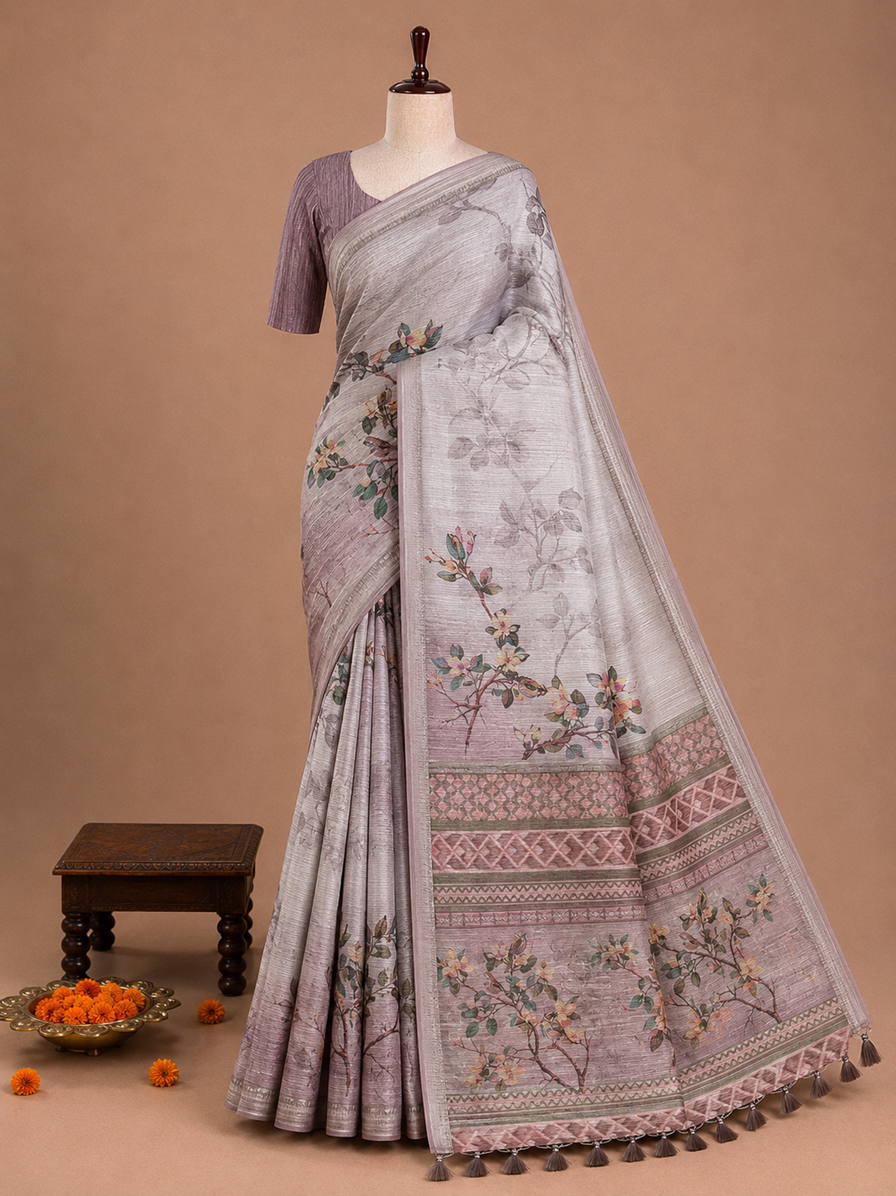 Elegant Silver Gray Bird Printed Design Jute Cotton Saree