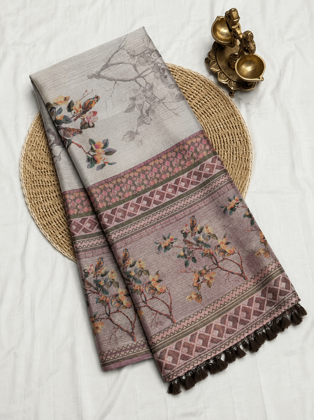 Elegant Silver Gray Bird Printed Design Jute Cotton Saree