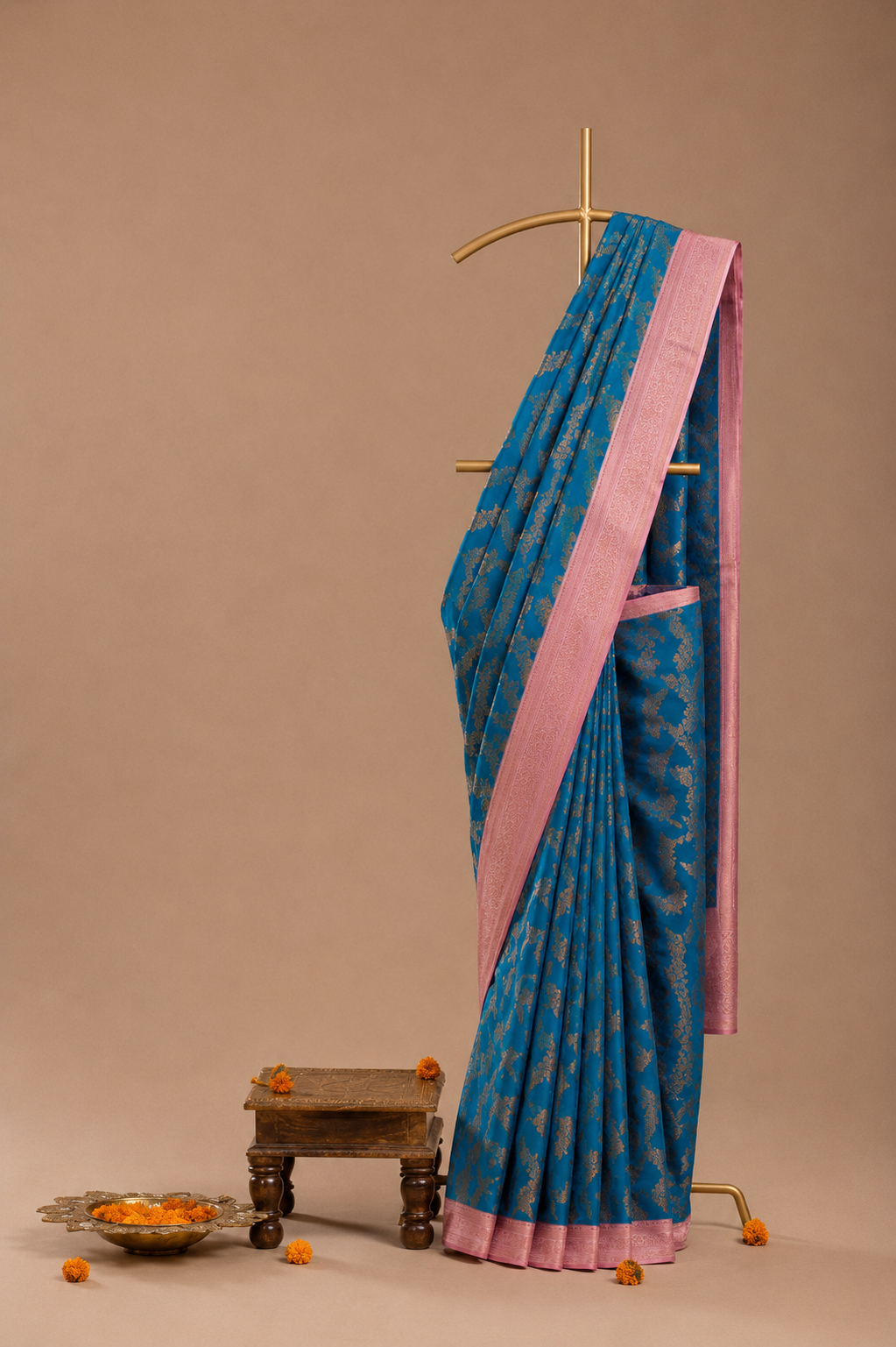 Banarasi Blue Semi Silk Saree with Contrast Blouse 