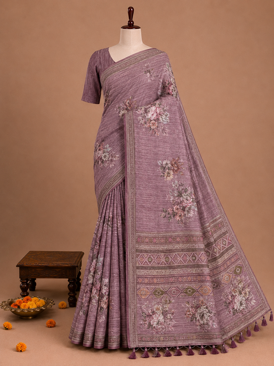 Elegant Dusty Rose Floral Printed Design Jute Cotton Saree