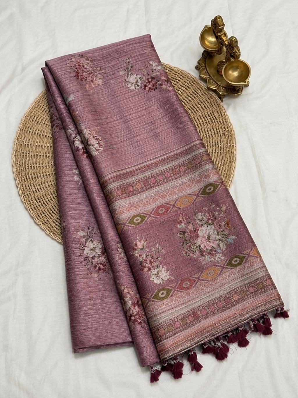 Elegant Dusty Rose Floral Printed Design Jute Cotton Saree