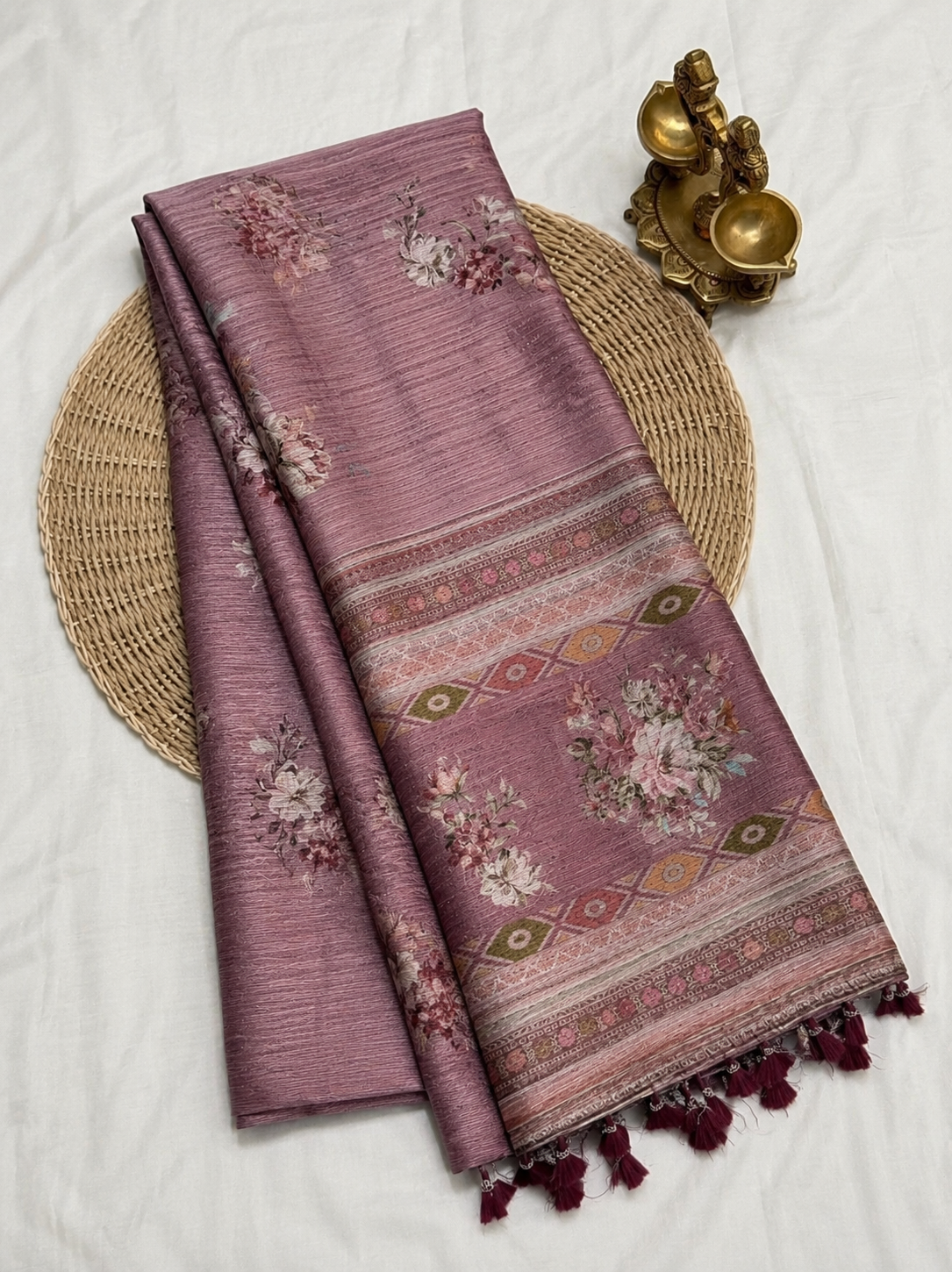 Elegant Dusty Rose Floral Printed Design Jute Cotton Saree