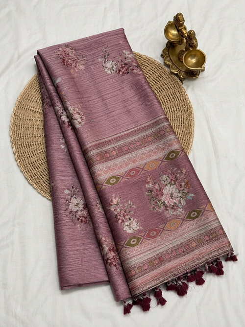 Elegant Dusty Rose Floral Printed Design Jute Cotton Saree