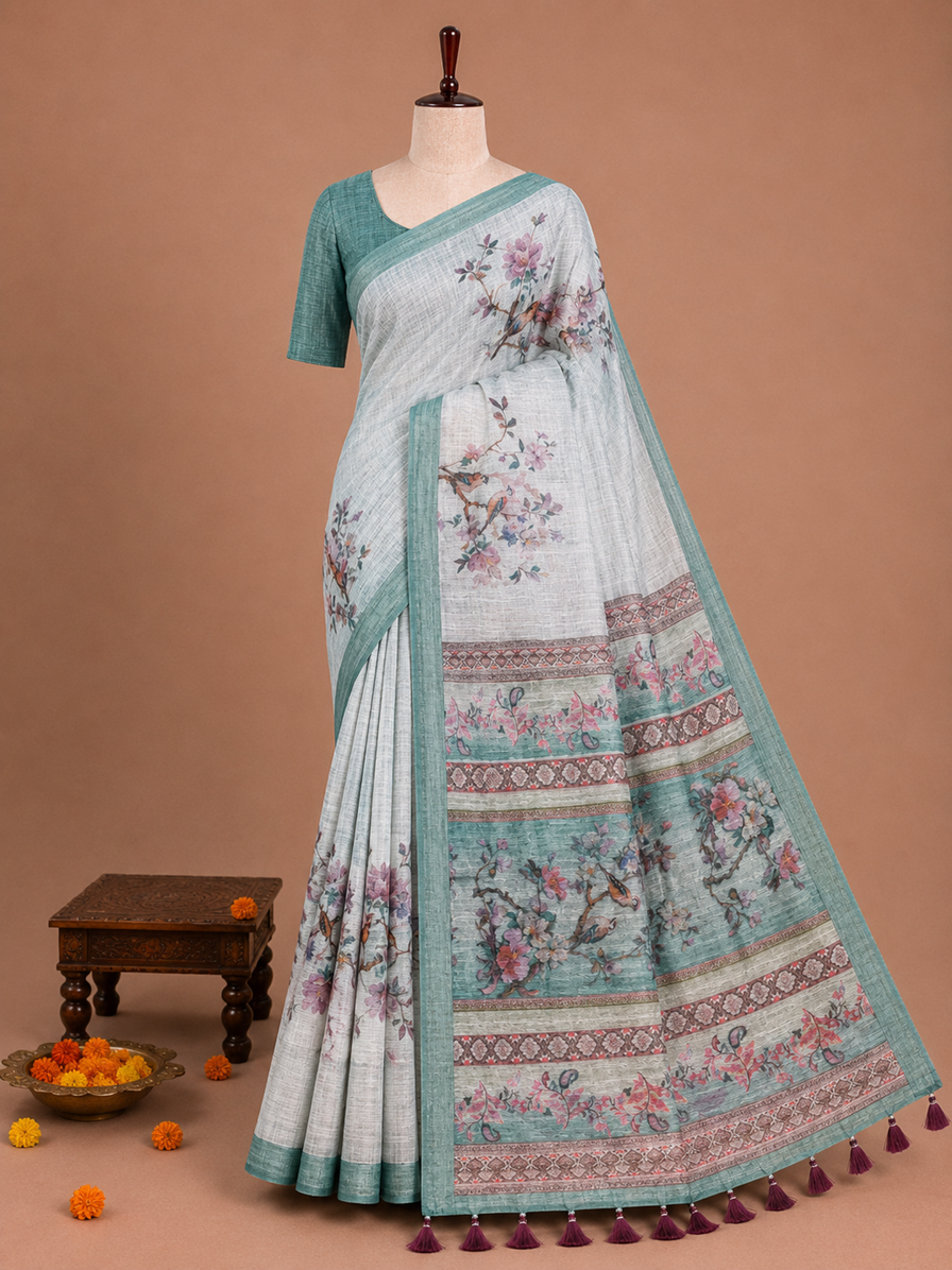 Elegant Pale Ivory Bird Printed Design Jute Cotton Saree