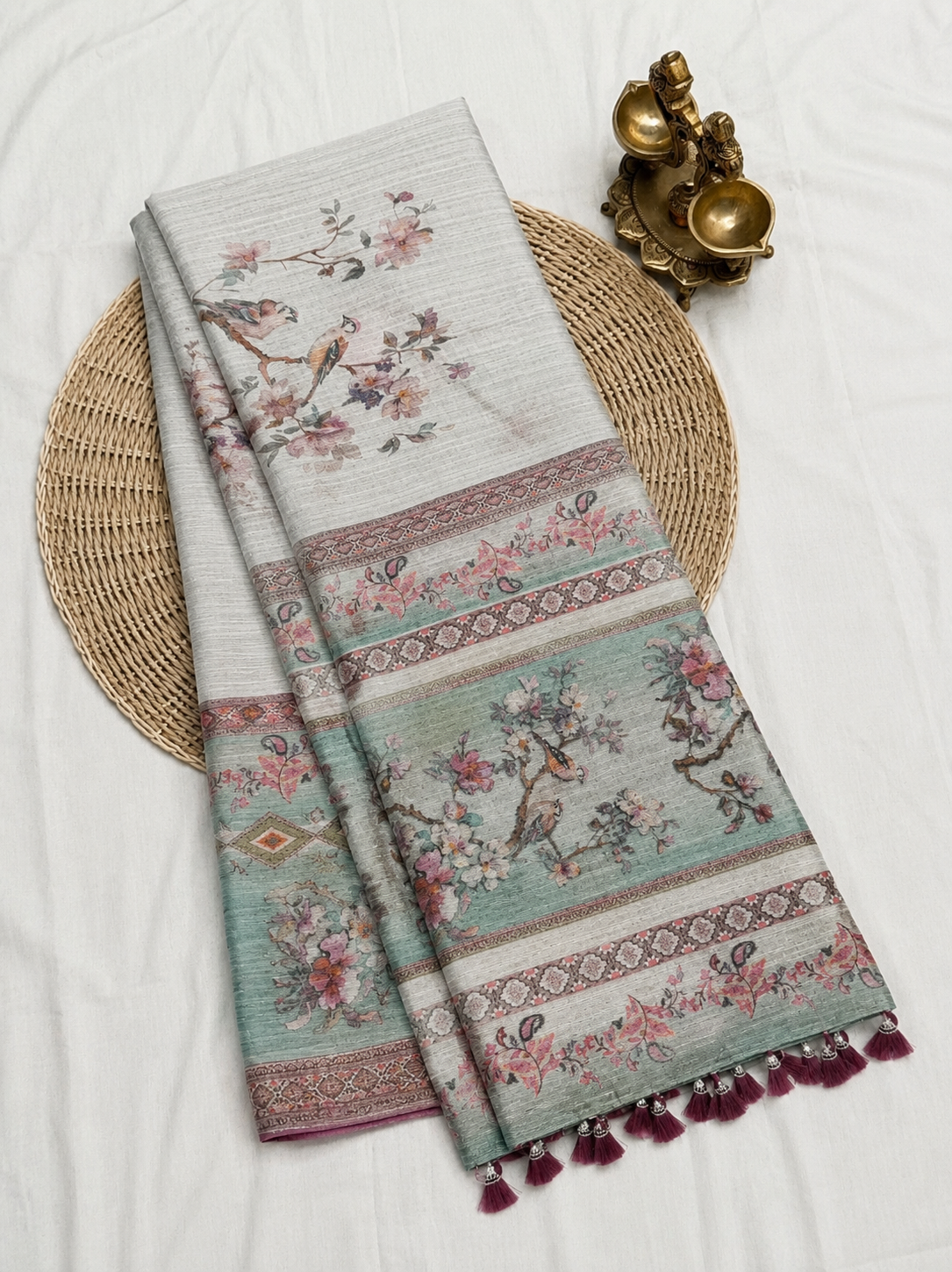 Elegant Pale Ivory Bird Printed Design Jute Cotton Saree