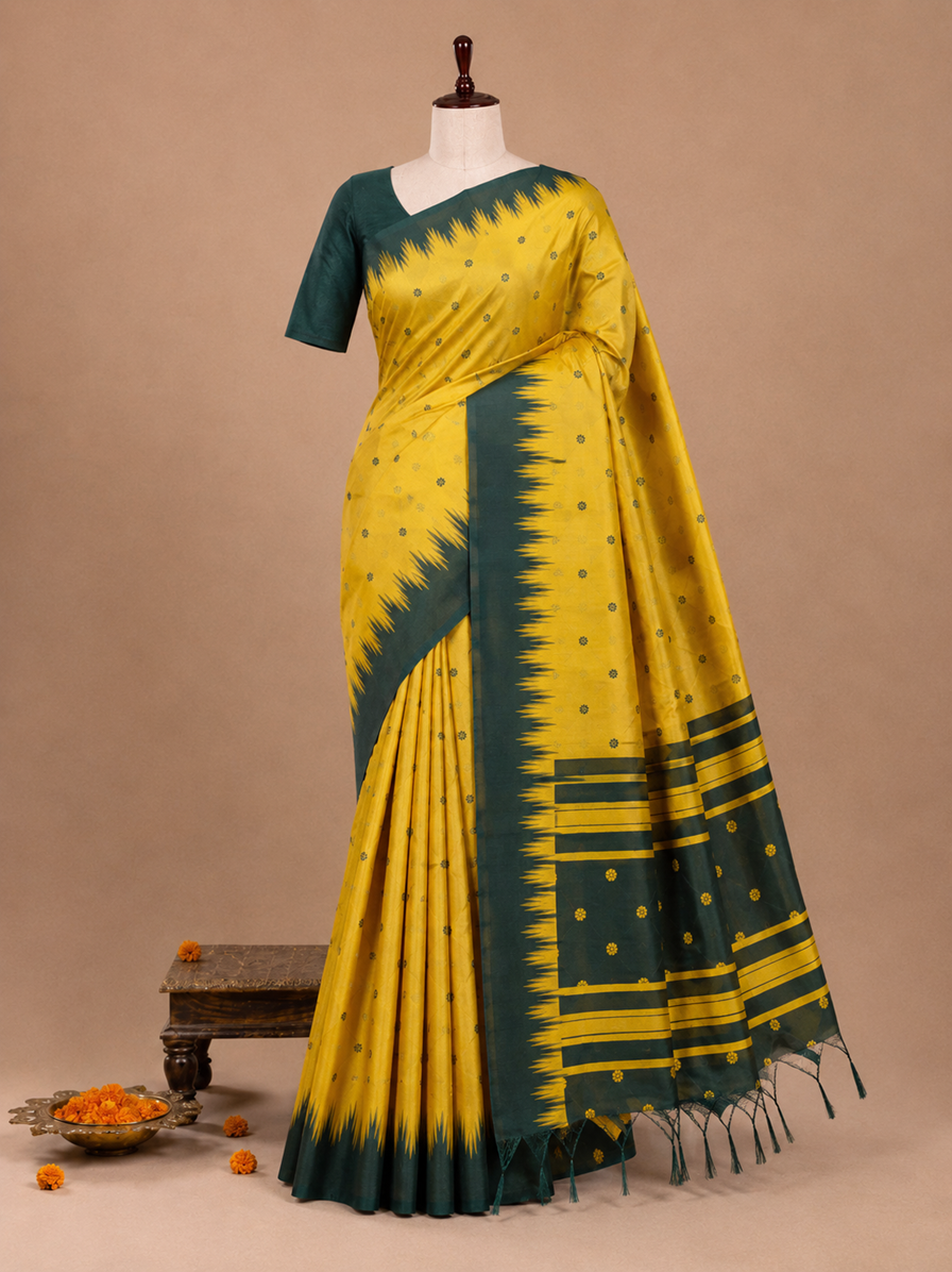 Elegant Mustard and Green Kanchi Soft Silk Saree with Woven Flower Buttas