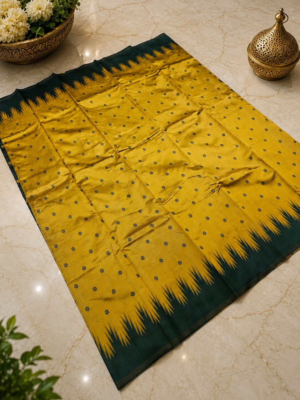 Elegant Mustard and Green Kanchi Soft Silk Saree with Woven Flower Buttas