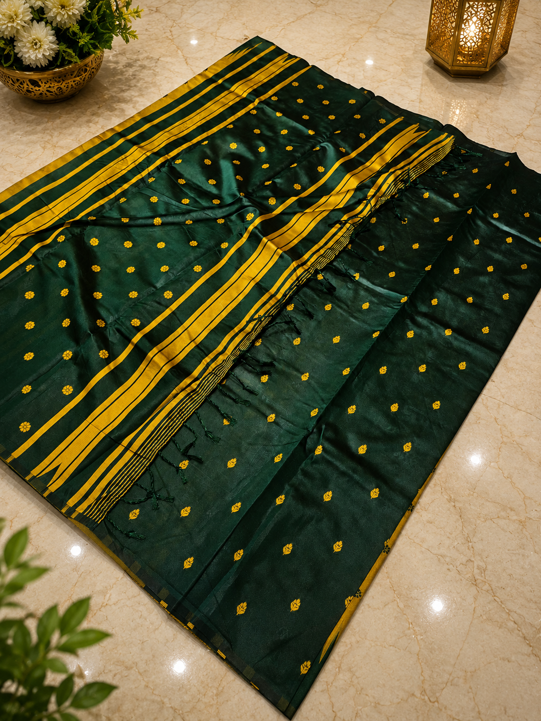 Elegant Mustard and Green Kanchi Soft Silk Saree with Woven Flower Buttas