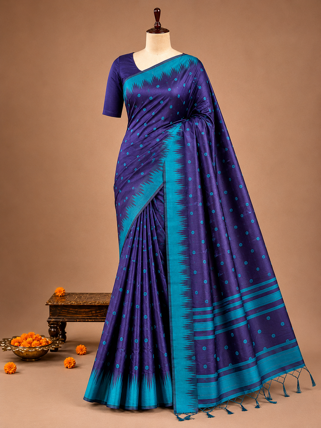 Elegant Purple and Sky Blue Kanchi Soft Silk Saree with Woven Flower Buttas