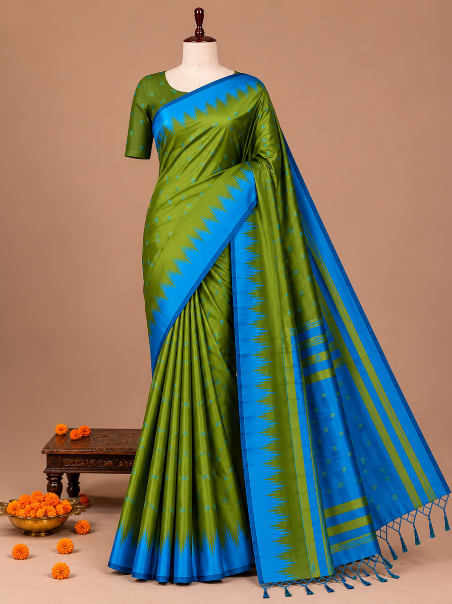 Elegant Green and Blue Kanchi Soft Silk Saree with Woven Flower Buttas
