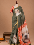 Elegant Teal Green Dog Printed Design Linen Cotton Saree