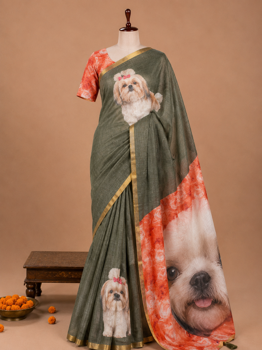Elegant Teal Green Dog Printed Design Linen Cotton Saree
