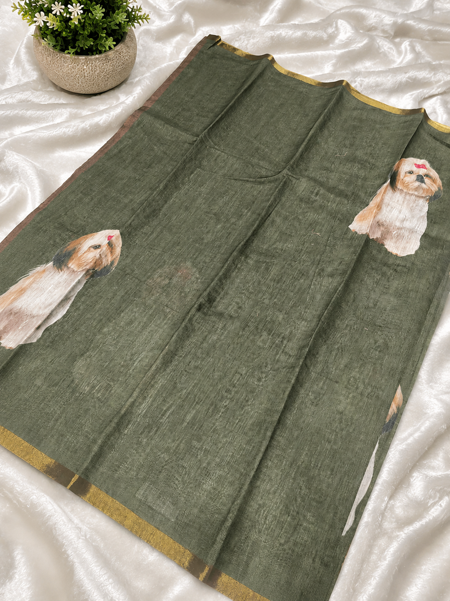 Elegant Teal Green Dog Printed Design Linen Cotton Saree
