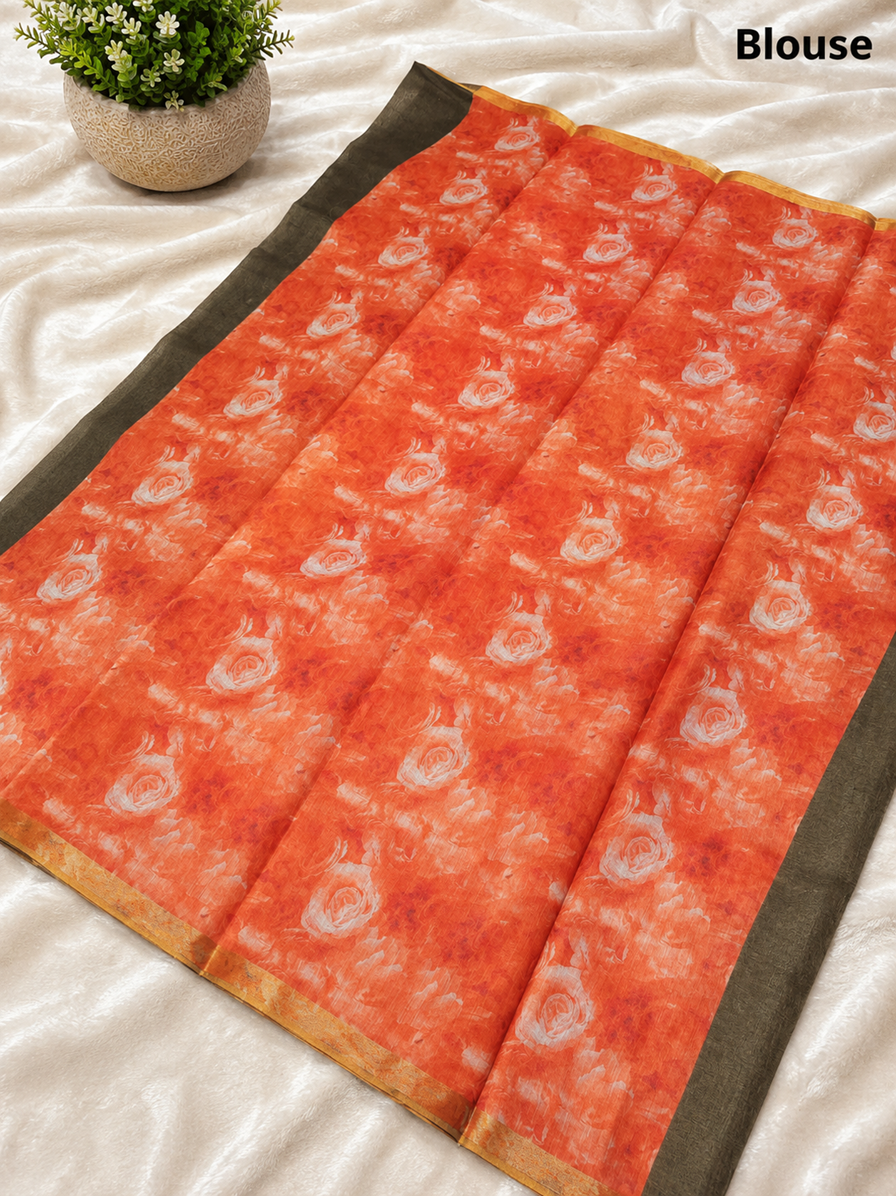 Elegant Teal Green Dog Printed Design Linen Cotton Saree