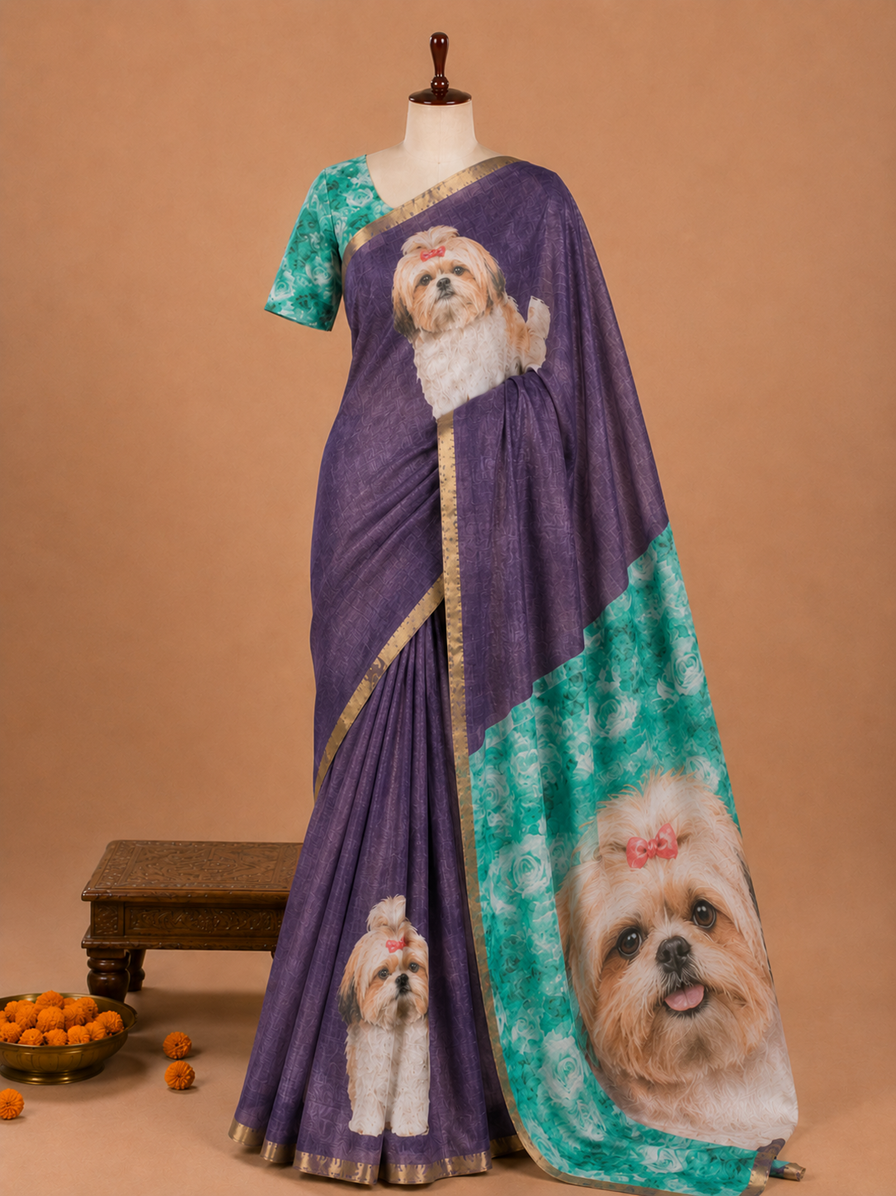 Elegant Dusty Grape Dog Printed Design Linen Cotton Saree