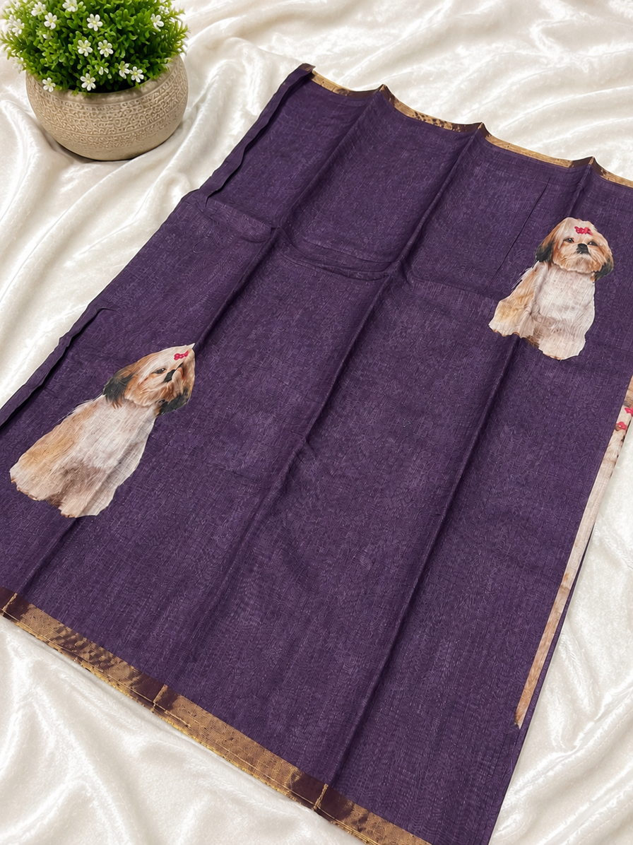 Elegant Dusty Grape Dog Printed Design Linen Cotton Saree