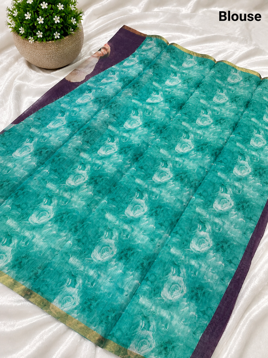 Elegant Dusty Grape Dog Printed Design Linen Cotton Saree