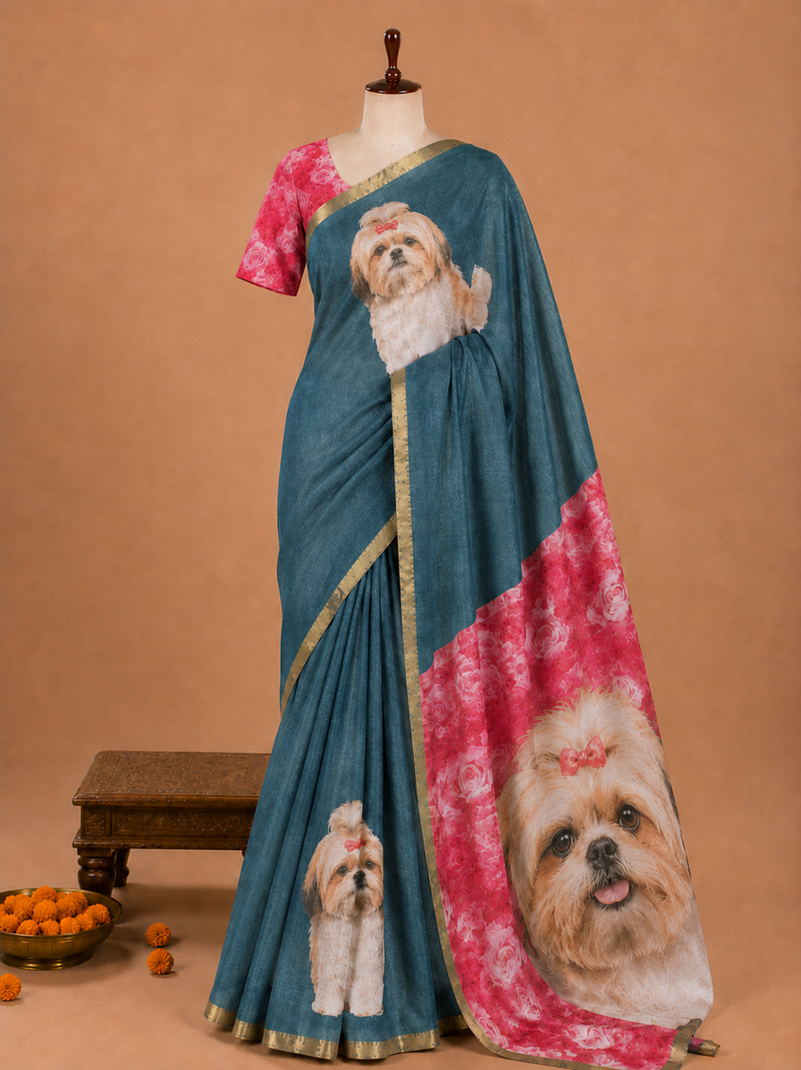 Elegant Ocean Teal Dog Printed Design Linen Cotton Saree