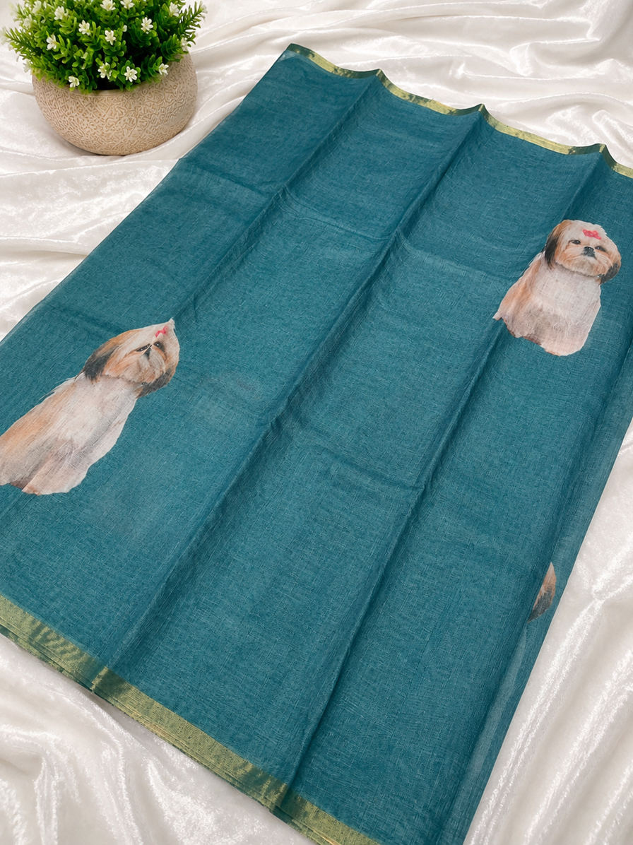 Elegant Ocean Teal Dog Printed Design Linen Cotton Saree