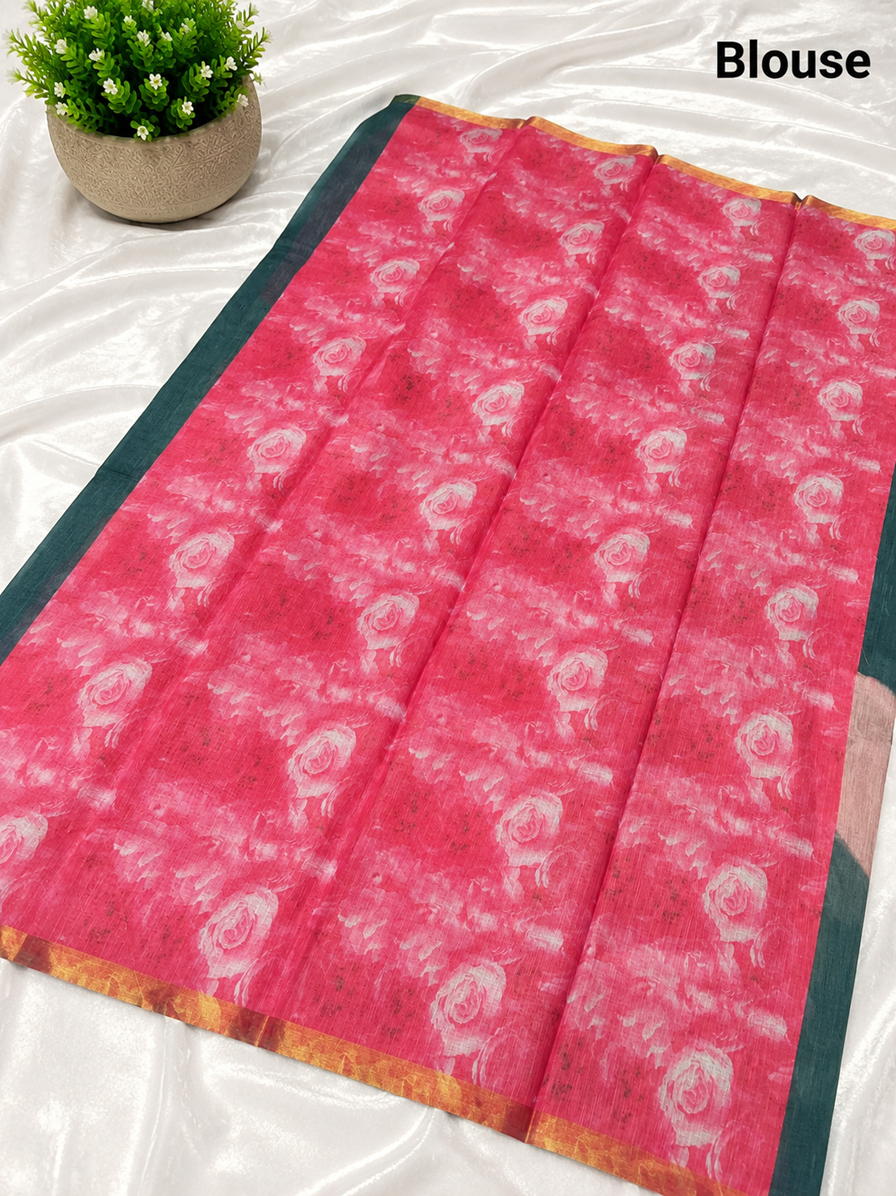 Elegant Ocean Teal Dog Printed Design Linen Cotton Saree
