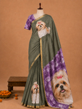 Elegant Olive Green Dog Printed Design Linen Cotton Saree