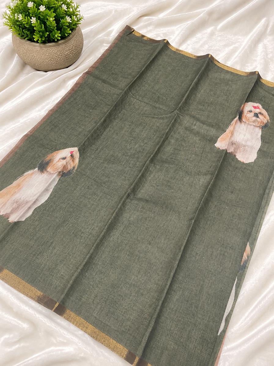Elegant Olive Green Dog Printed Design Linen Cotton Saree