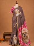 Elegant Taupe Brown Dog Printed Design Linen Cotton Saree