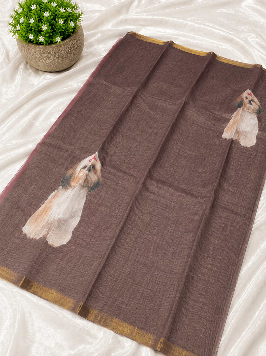Elegant Taupe Brown Dog Printed Design Linen Cotton Saree