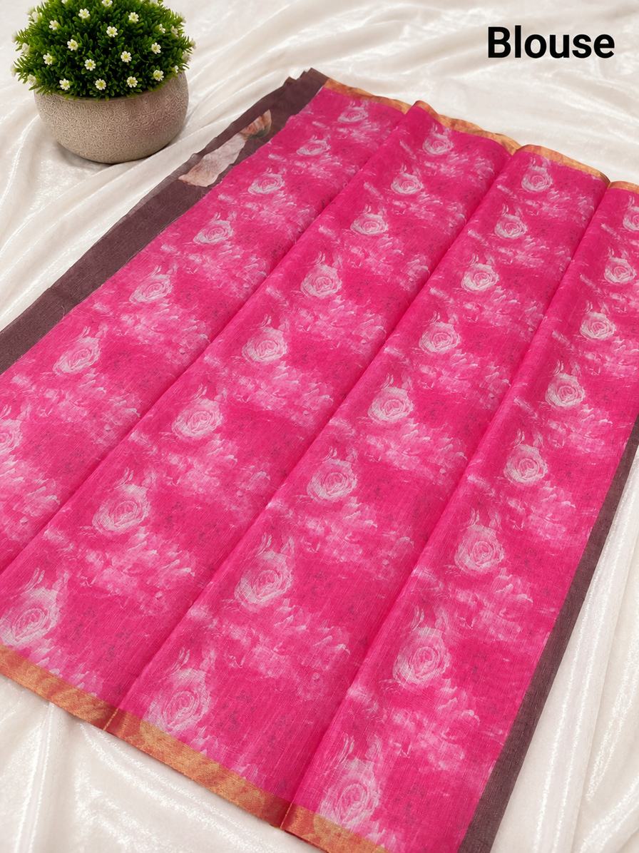 Elegant Taupe Brown Dog Printed Design Linen Cotton Saree