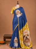 Elegant Denim Blue Dog Printed Design Linen Cotton Saree