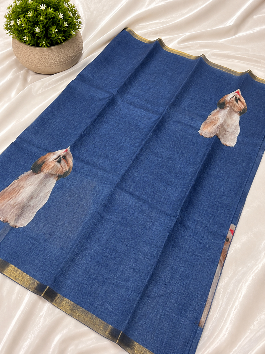 Elegant Denim Blue Dog Printed Design Linen Cotton Saree