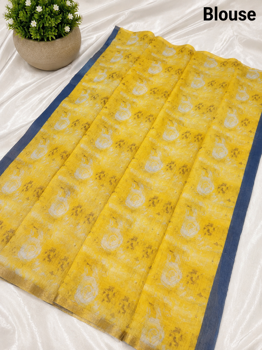 Elegant Denim Blue Dog Printed Design Linen Cotton Saree