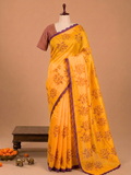 Elite Mustard Yellow Floral Small Mirror Cut Work Linen Cotton Saree