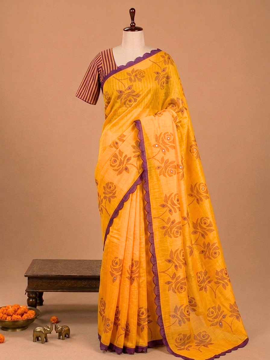 Elite Mustard Yellow Floral Small Mirror Cut Work Linen Cotton Saree
