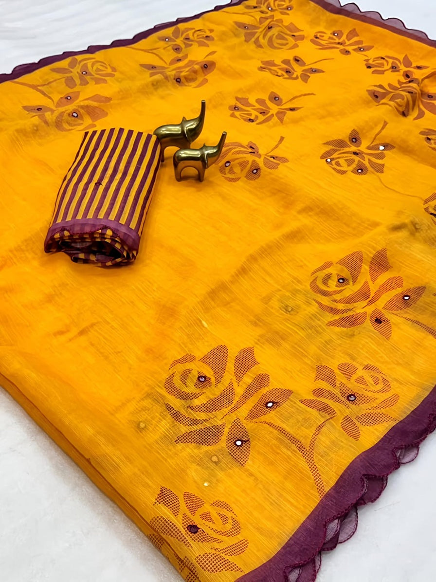 Elite Mustard Yellow Floral Small Mirror Cut Work Linen Cotton Saree