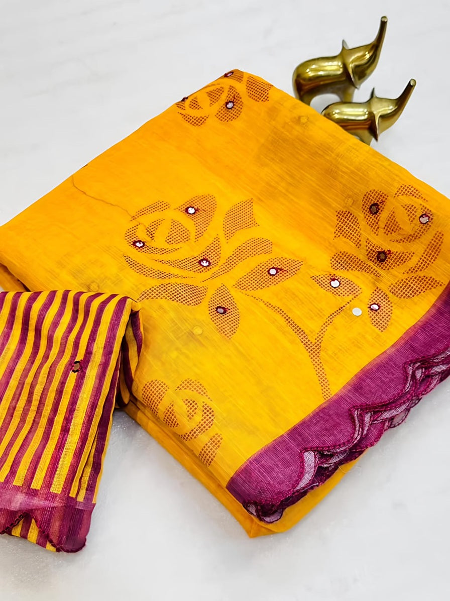 Elite Mustard Yellow Floral Small Mirror Cut Work Linen Cotton Saree