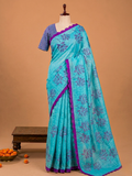 Elite Cyan Blue Floral Small Mirror Cut Work Linen Cotton Saree