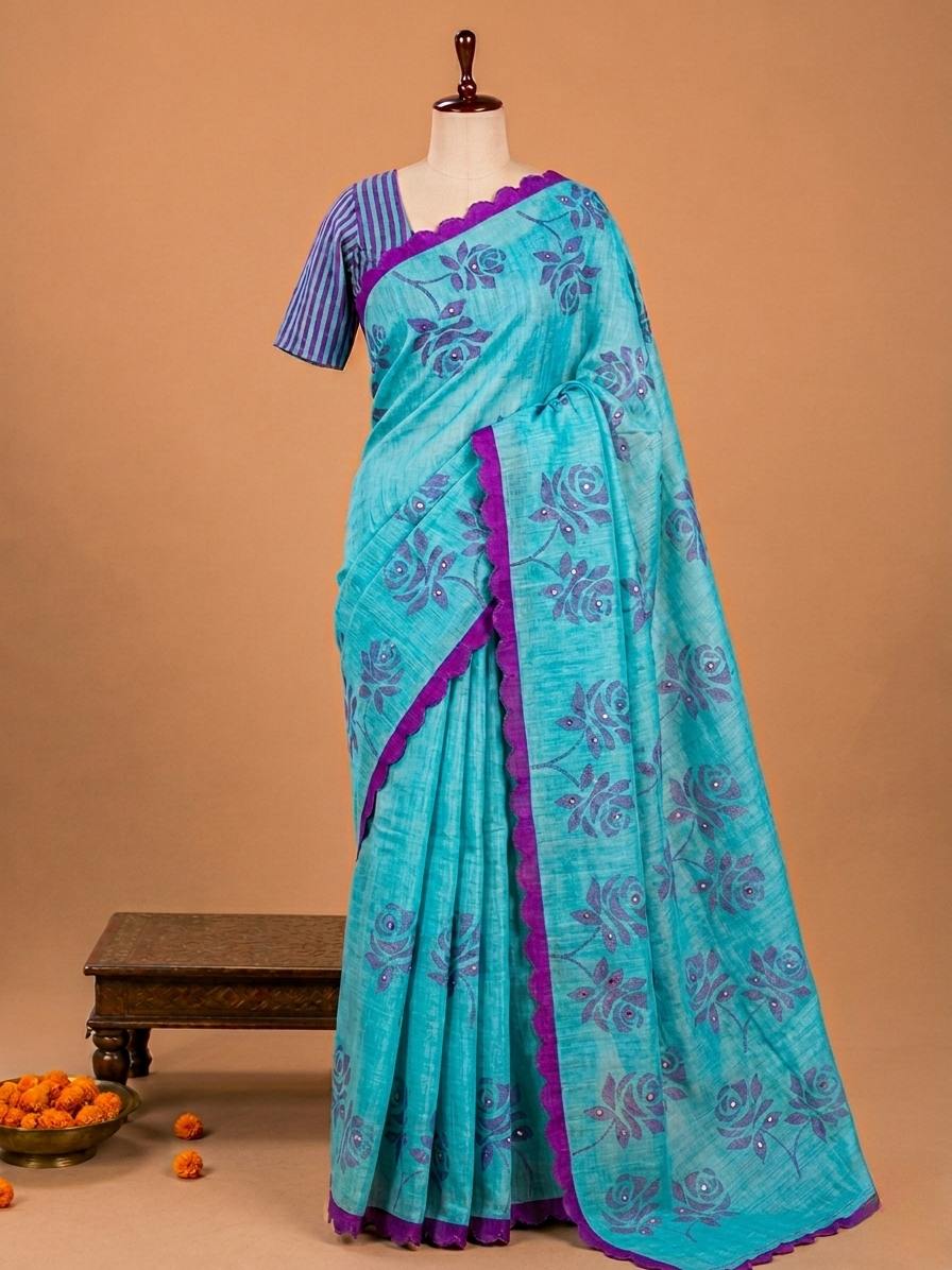Elite Cyan Blue Floral Small Mirror Cut Work Linen Cotton Saree