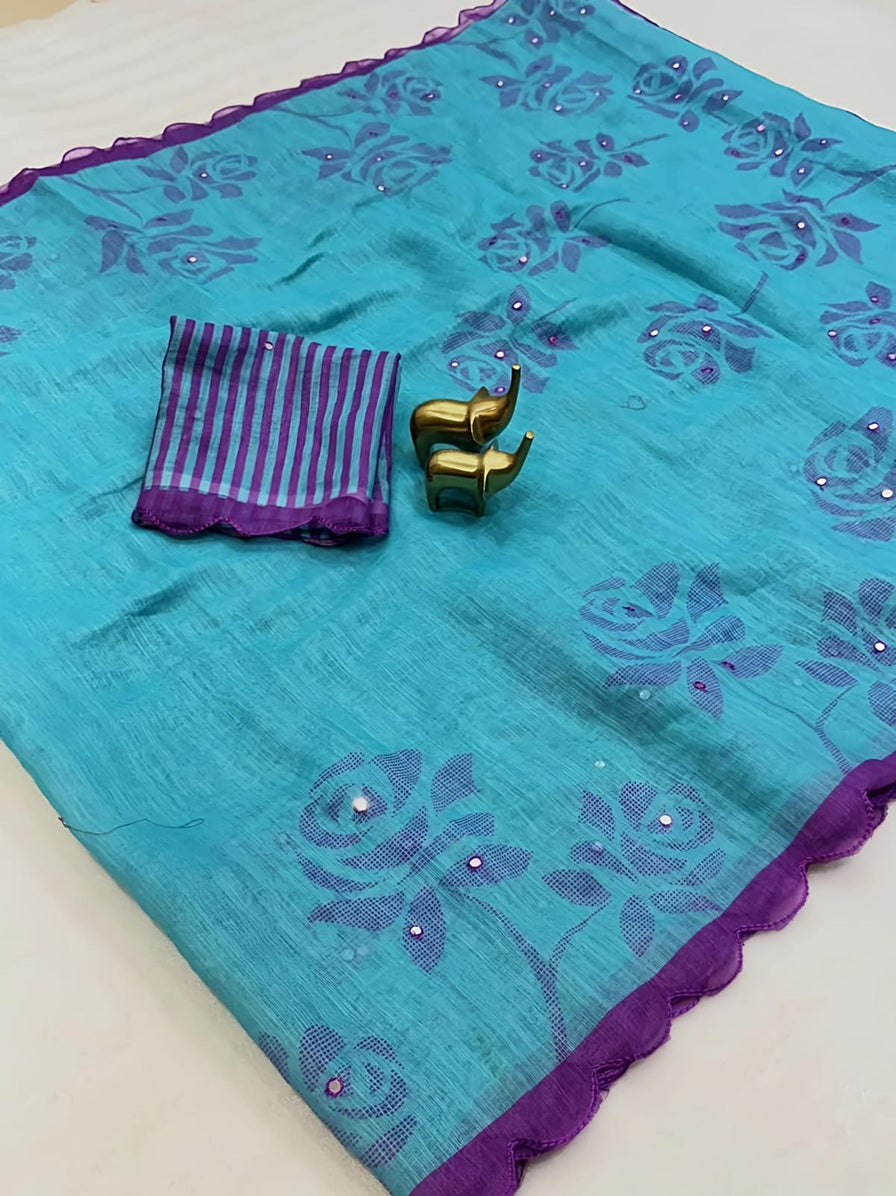 Elite Cyan Blue Floral Small Mirror Cut Work Linen Cotton Saree