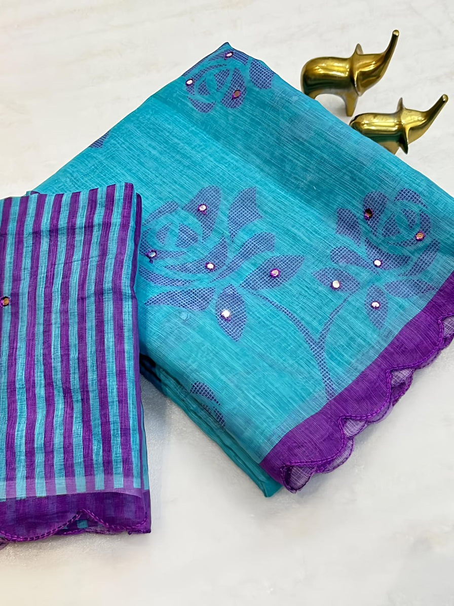 Elite Cyan Blue Floral Small Mirror Cut Work Linen Cotton Saree